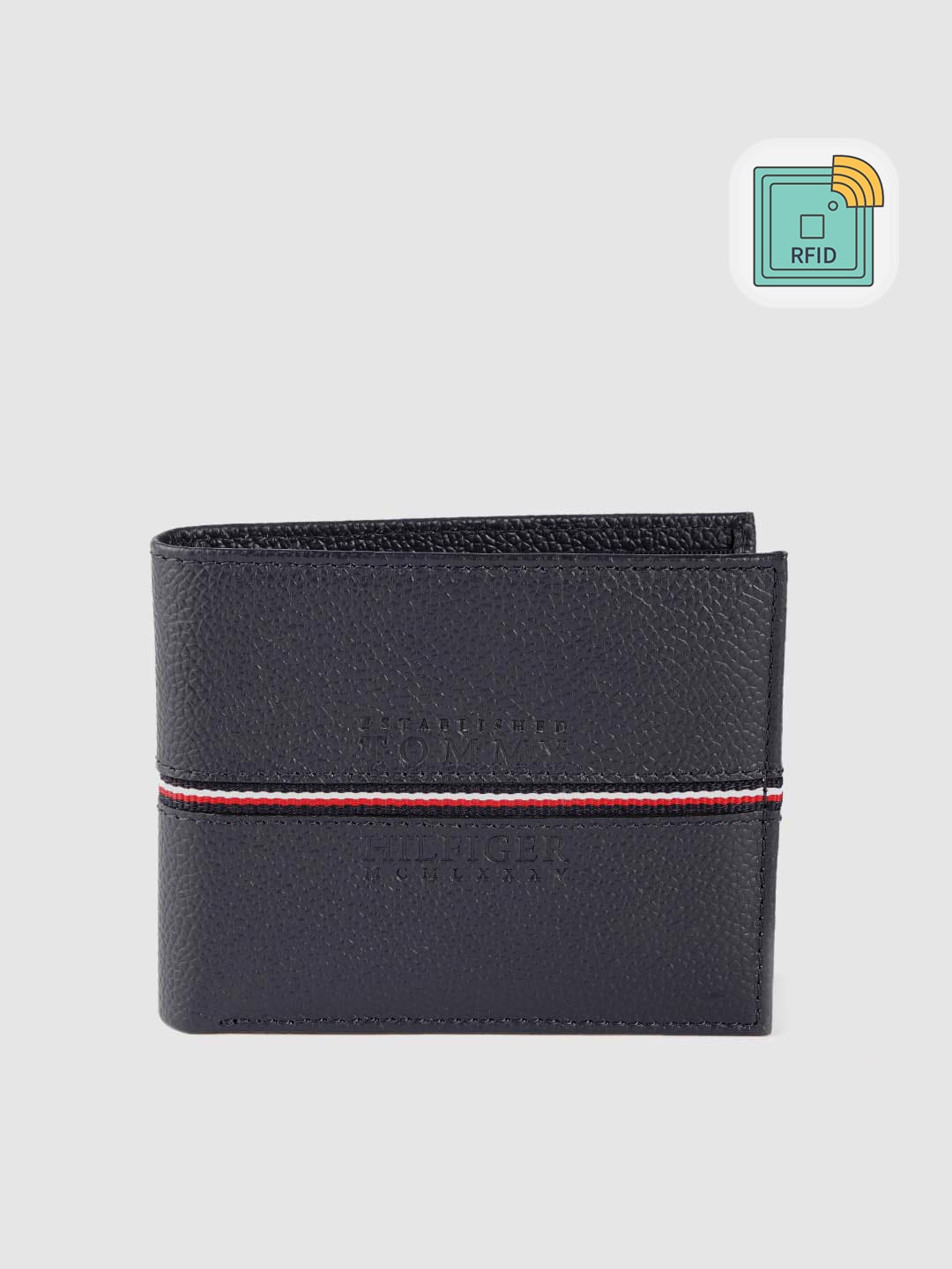 Tommy Hilfiger Men Navy Blue Floral Cut Work Leather Two Fold Wallet