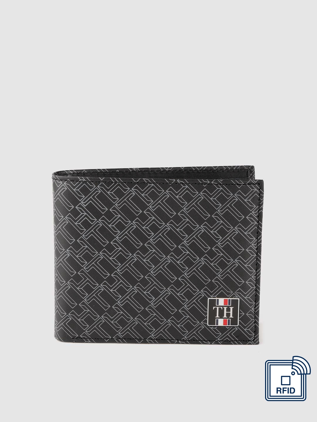 Tommy Hilfiger Men Black & Grey Brand Logo Printed Leather Two Fold Wallet