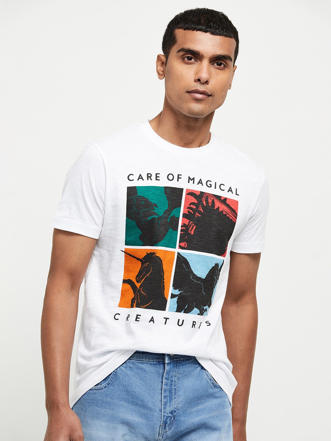 max Men White & Black Printed Pure Cotton T-shirt