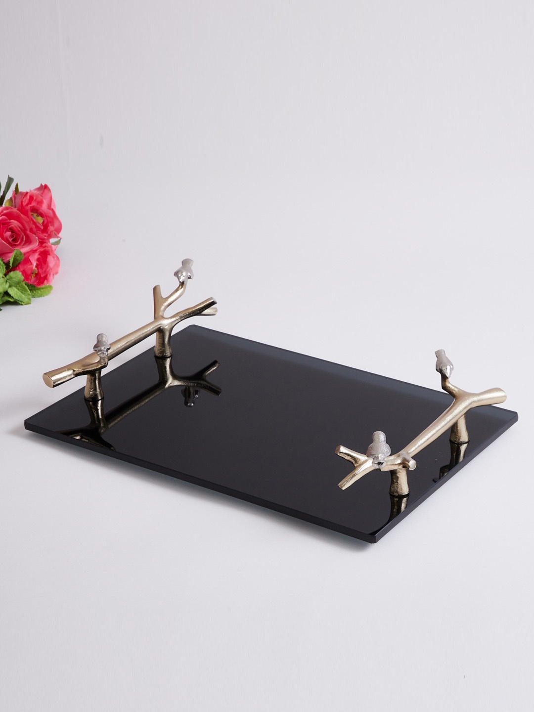 Home Centre Black & Gold-Toned Solid Nickle Bird & Branch Decorative Tray