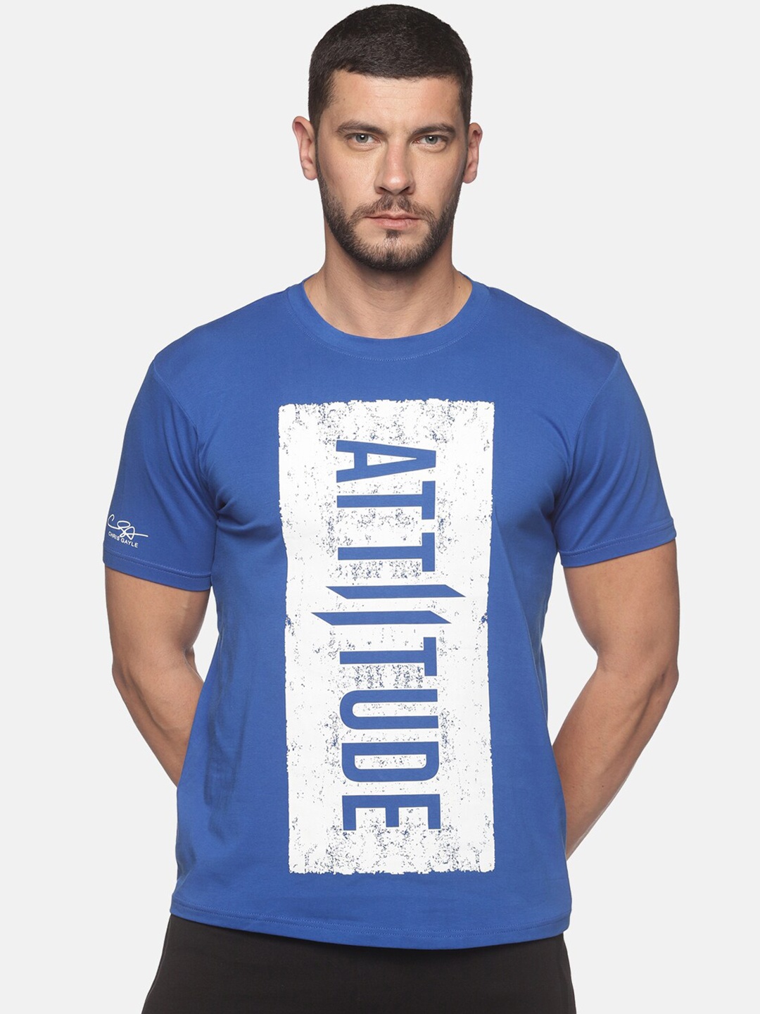 ATTIITUDE Men Blue Typography Printed ClimaCool Slim Fit T-shirt