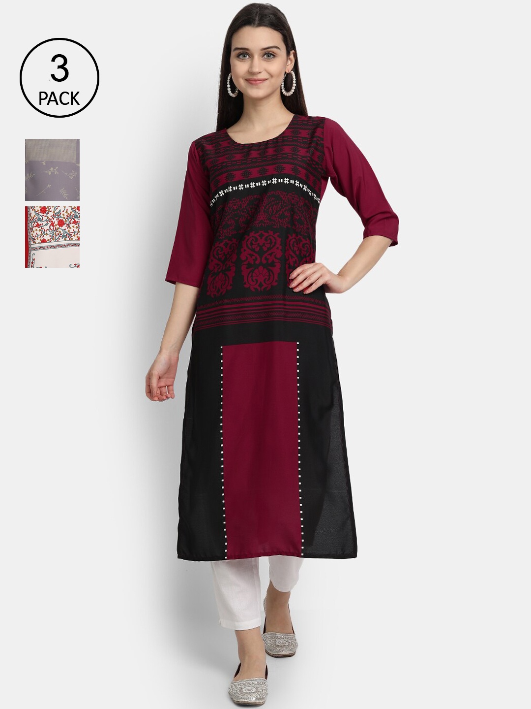 Ethnic basket Women Pack of 3 Multicoloured Ethnic Motifs Printed Crepe Kurtas, Multi
Ethnic basket Women Pack of 3 Multicoloured Ethnic Motifs Printed Crepe Kurtas, Multi