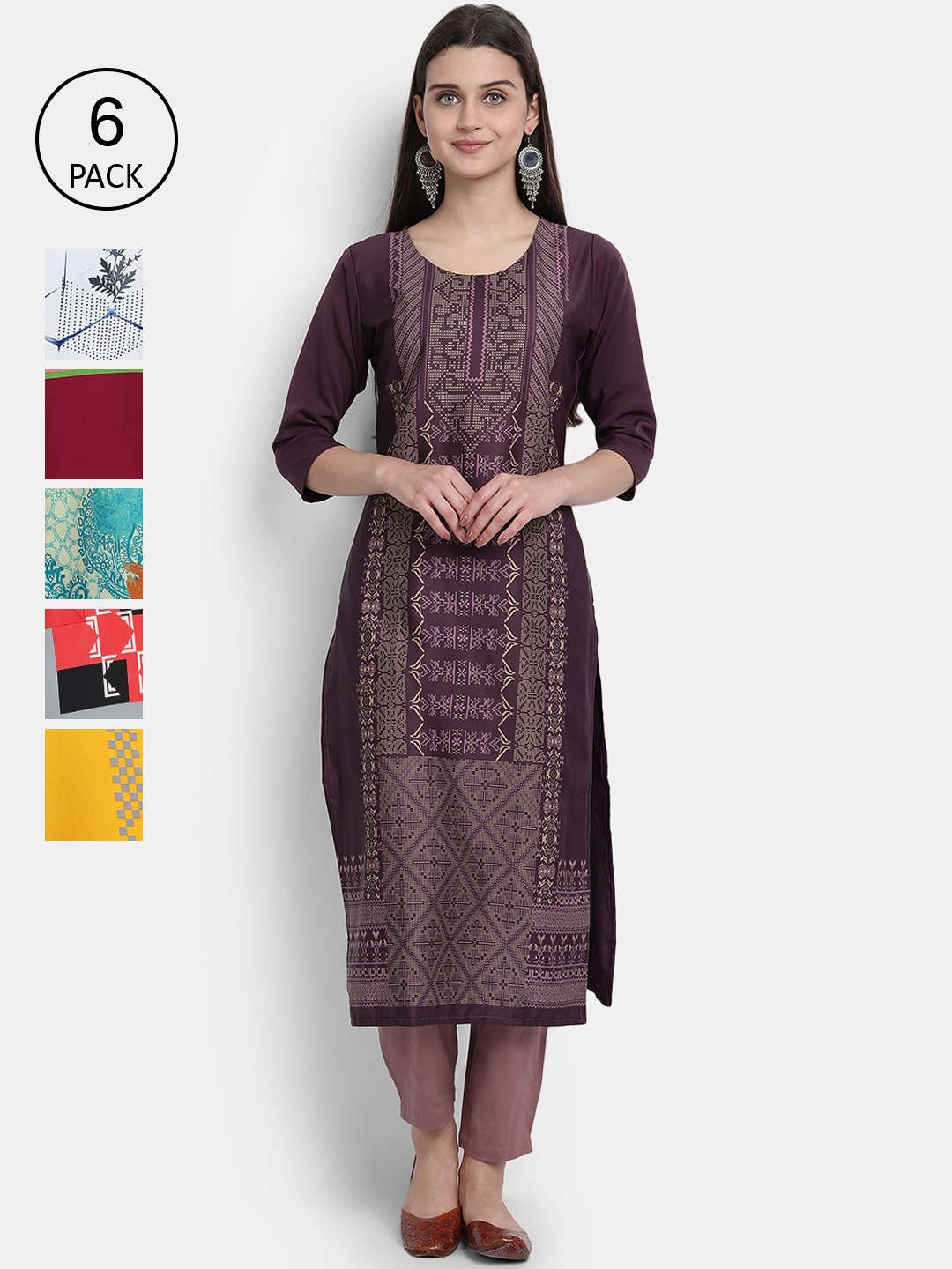 Ethnic basket Women Pack of 6 Printed Crepe Kurta, Multi