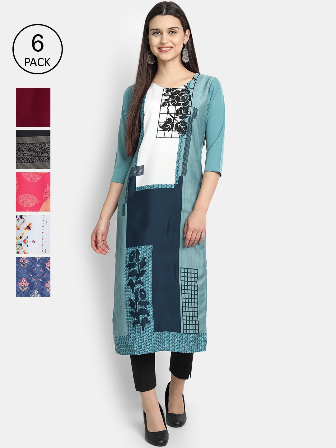 Ethnic basket Women Pack of 6 Floral Printed Crepe Kurta, Multi