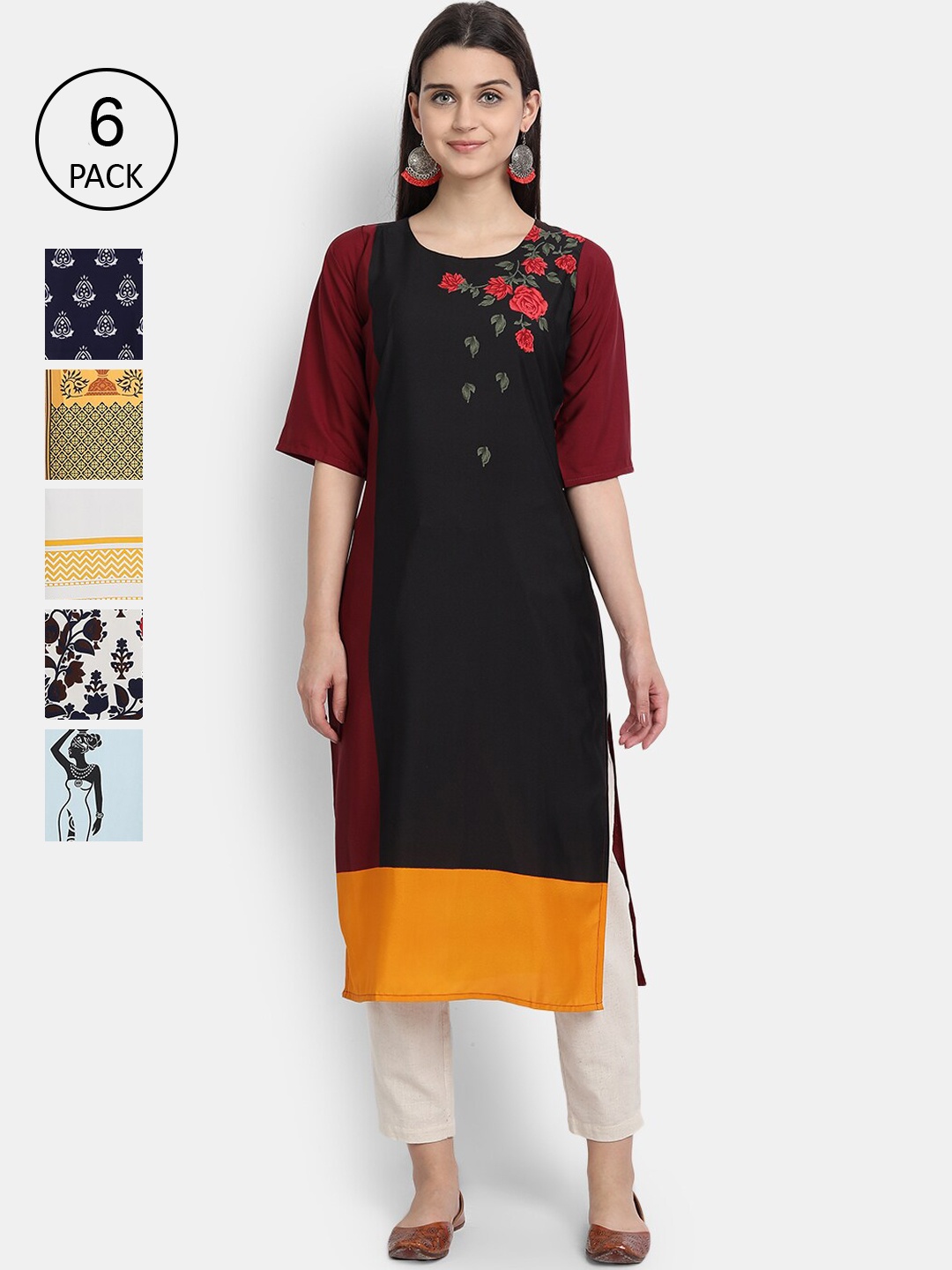 Ethnic basket Pack of 6 Ethnic Motifs Printed Crepe Kurta, Black