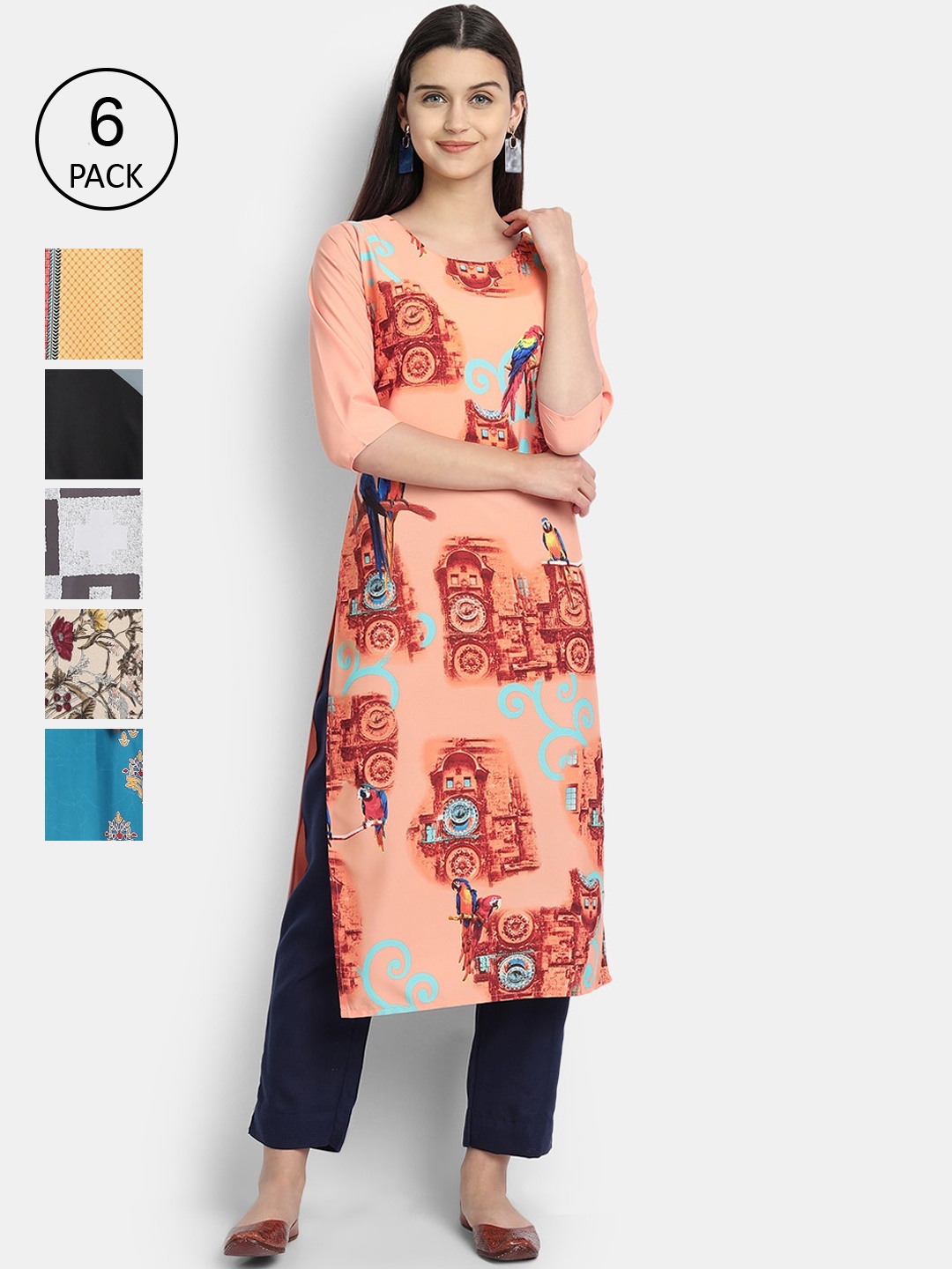 Ethnic basket Women Peach-Coloured & Teal Printed Crepe Kurta Pack Of 6