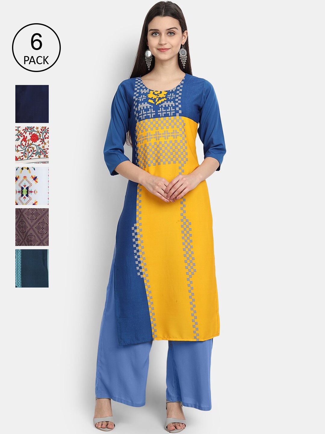 Ethnic basket Women Pack Of 6 Floral Printed Crepe Kurta, Blue