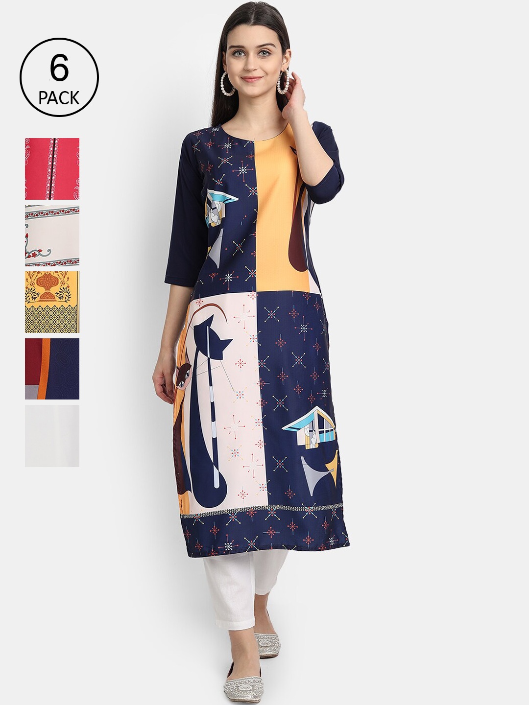 Ethnic basket Pack of 6 Printed Kurtas, Navy blue