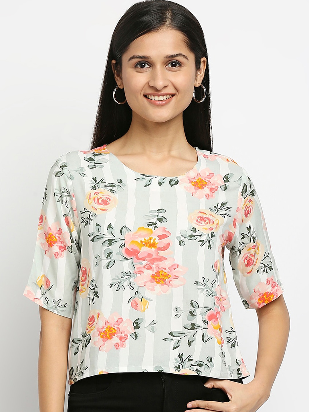 Ethnicity Women Coral Floral Printed Flared Sleeves Thread Work Kaftan Kurta