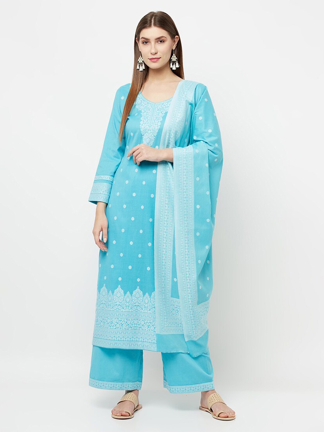 Safaa Turquoise Blue & White Unstitched Dress Material