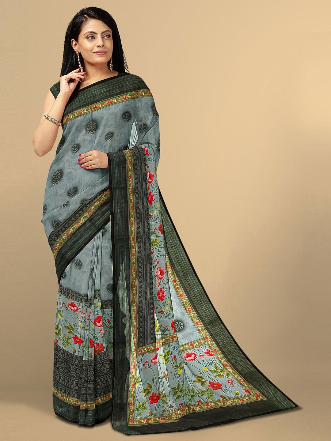 Kalamandir Grey & Red Floral Pure Linen Saree