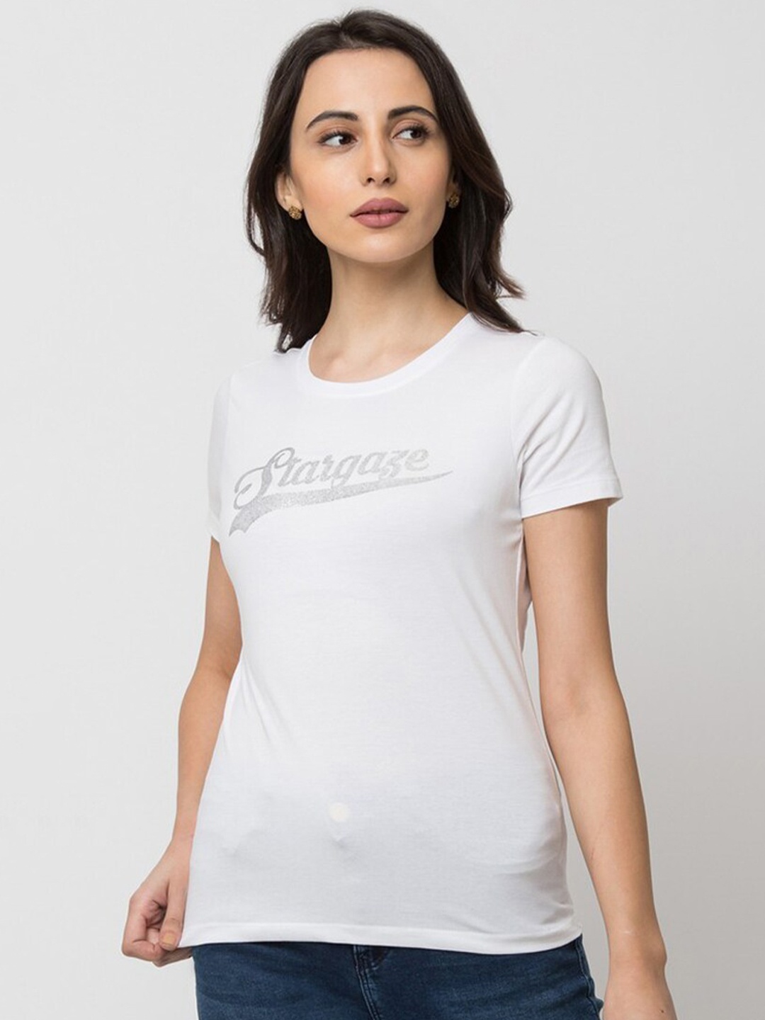 SPYKAR Women White Typography Cotton T-shirt