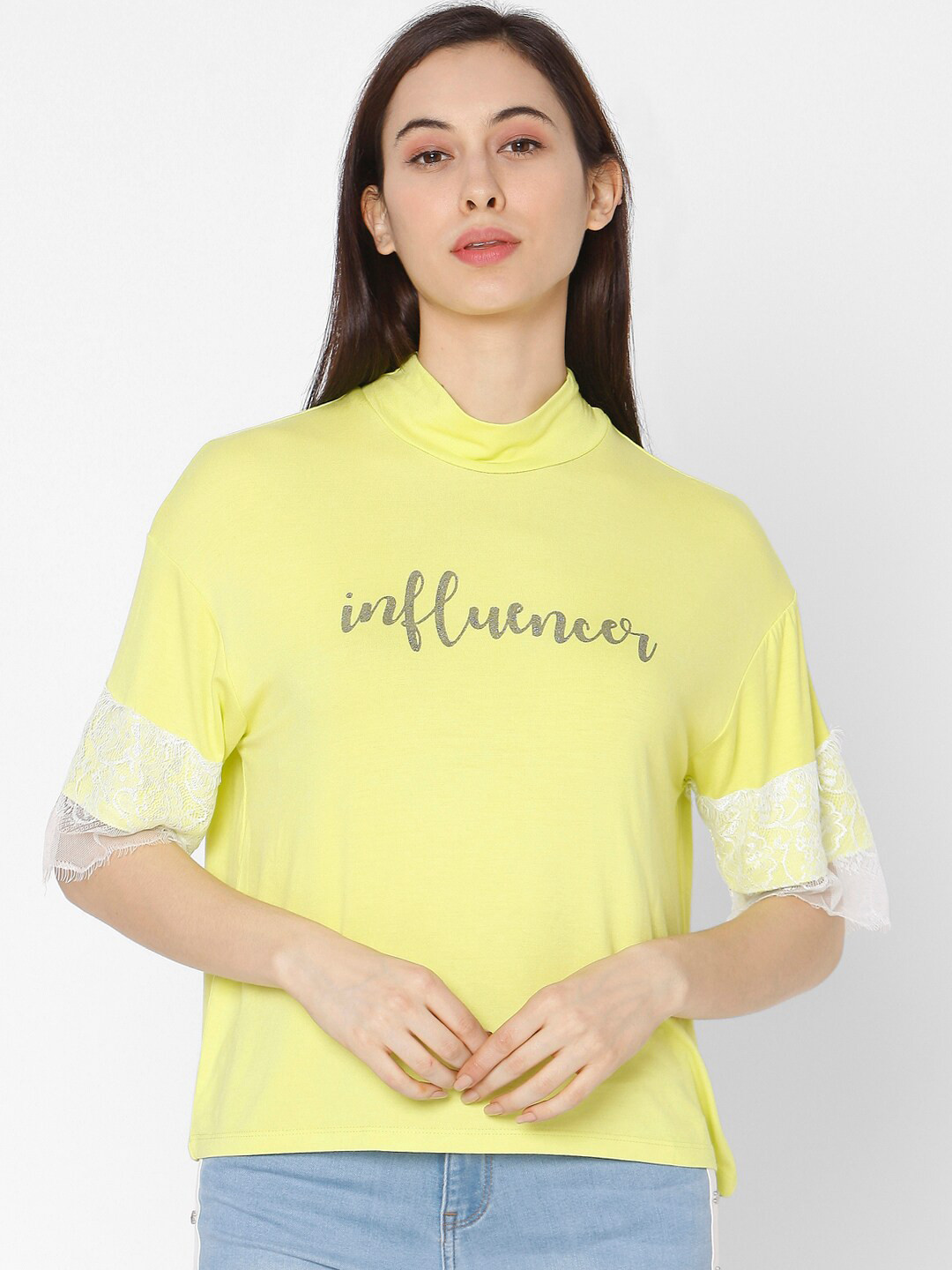 SPYKAR Women Yellow Typography High Neck Drop-Shoulder Sleeves Applique Slim Fit T-shirt 
SPYKAR Women Yellow Typography High Neck Drop-Shoulder Sleeves Applique Slim Fit T-shirt