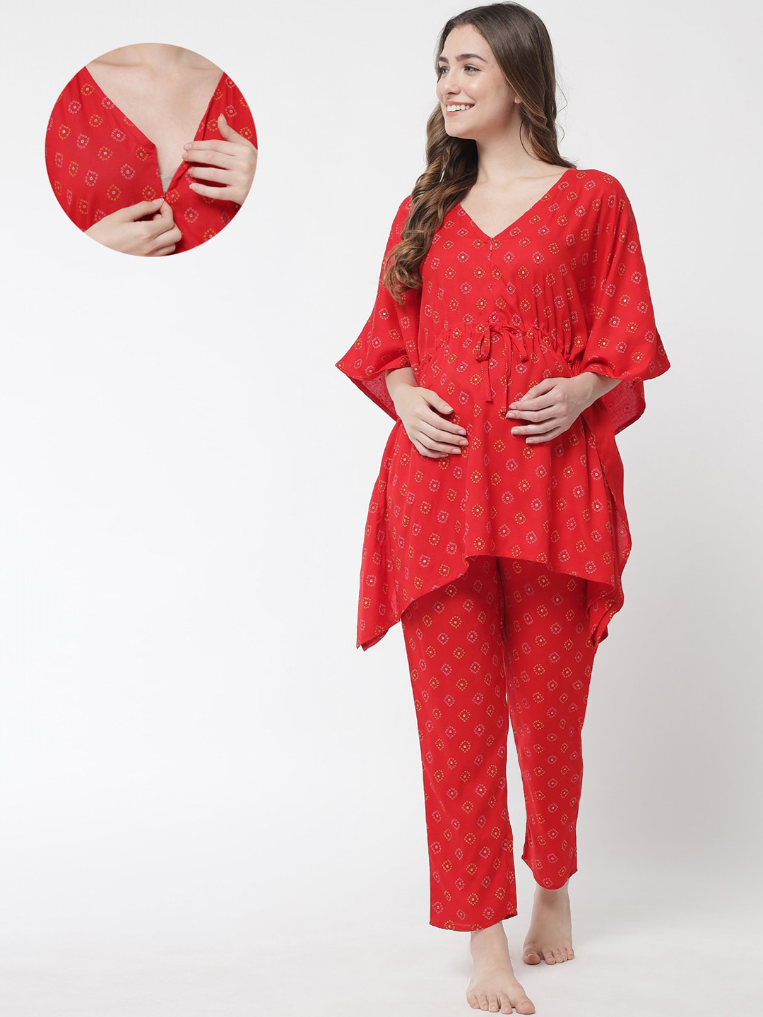 Aujjessa Women Red Printed Maternity Kaftan Night suit
Aujjessa Women Red Printed Maternity Kaftan Night suit
