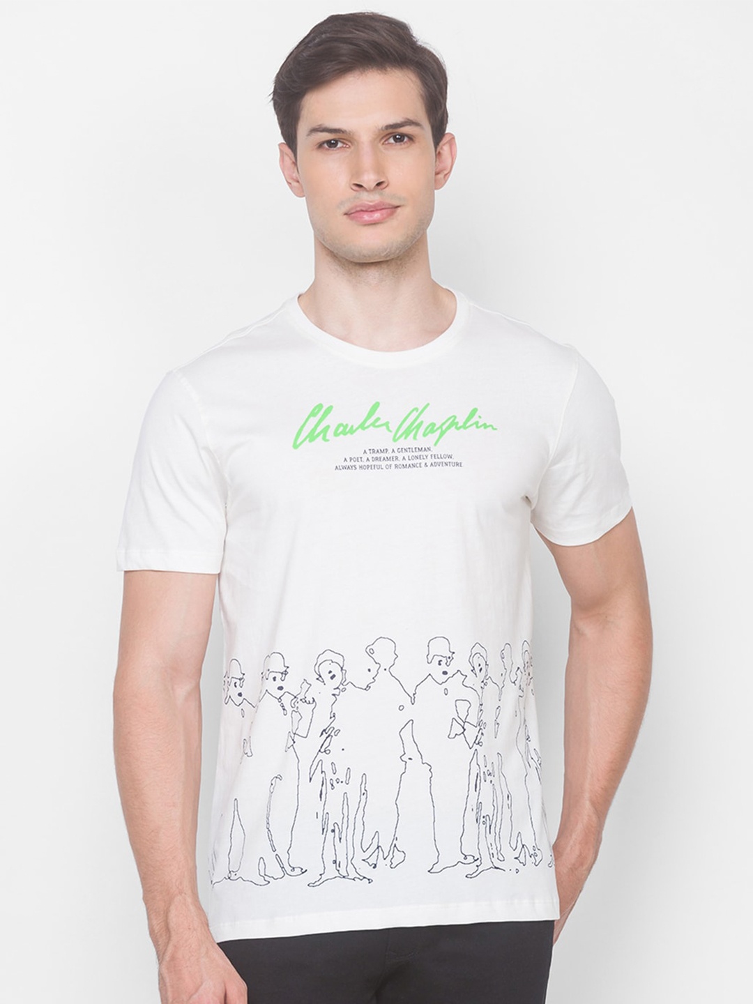 SPYKAR Men White & Black Printed Slim Fit Cotton T-shirt
