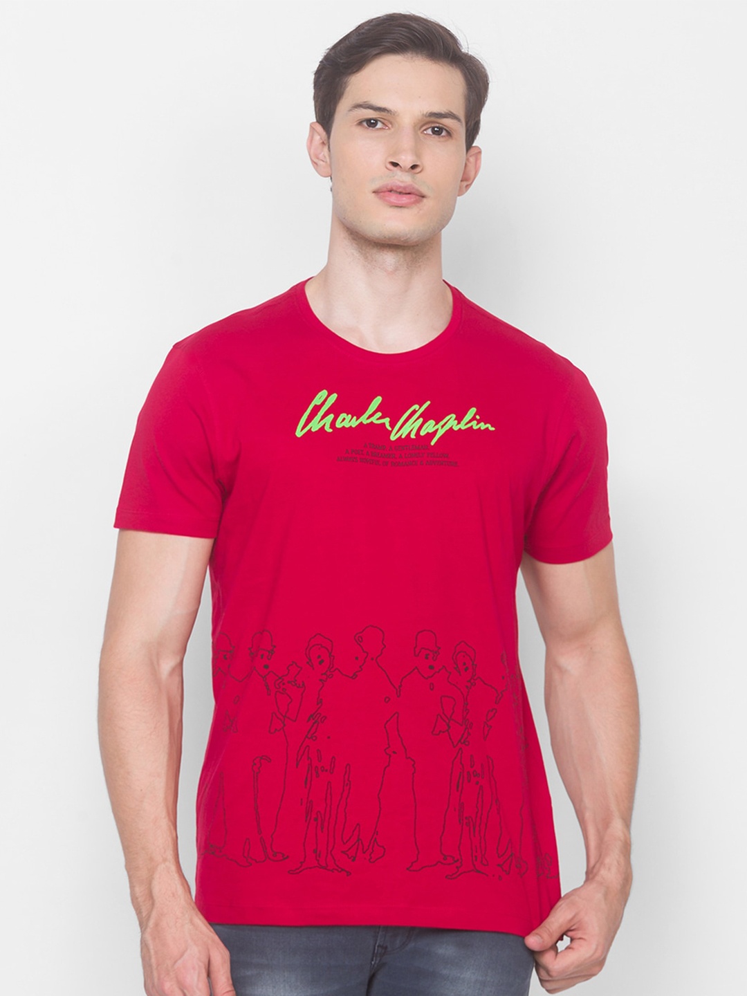SPYKAR Men Red Typography Printed Cotton Slim Fit T-shirt