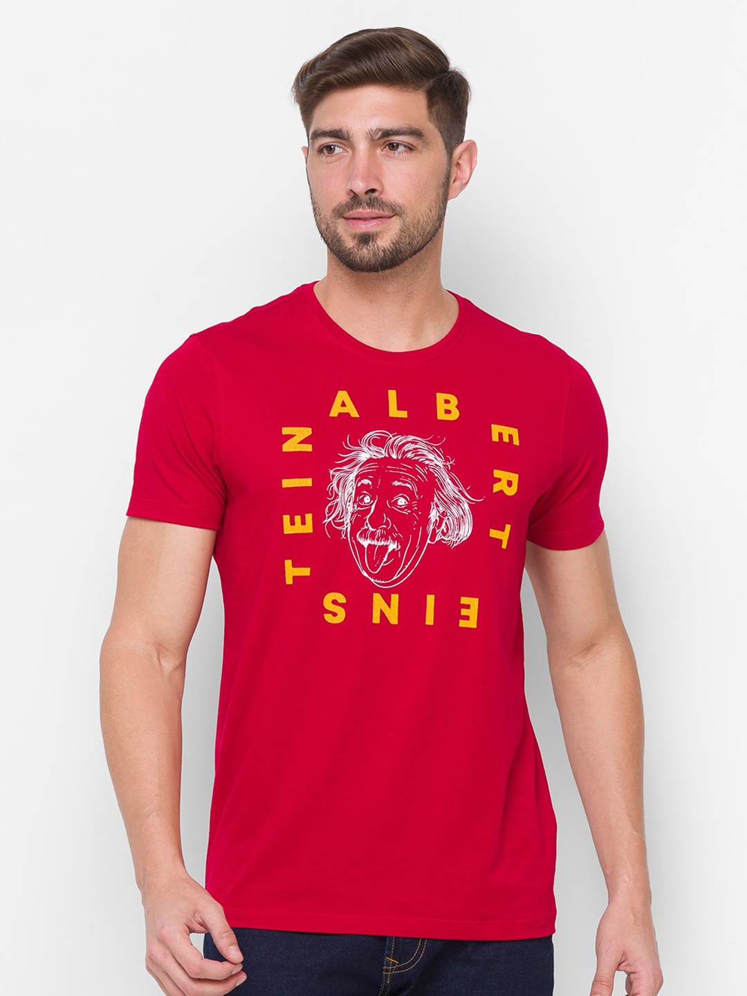 SPYKAR Men Red Printed Slim Fit Cotton T-shirt