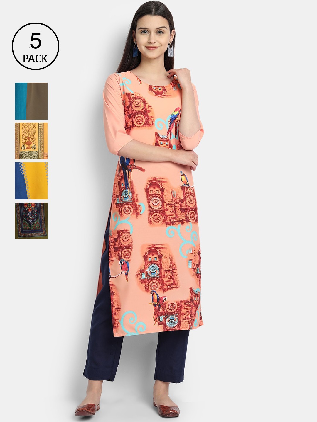 Ethnic basket Women Set Of 5 Peach-Coloured & Green Ethnic Motifs Printed Crepe Kurta
Ethnic basket Women Set Of 5 Peach-Coloured & Green Ethnic Motifs Printed Crepe Kurta