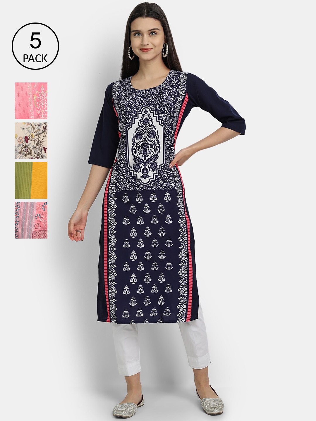 Ethnic basket Women Navy Blue & Peach-Coloured Ethnic Motifs Printed Crepe Kurta Pack Of 5
Ethnic basket Women Navy Blue & Peach-Coloured Ethnic Motifs Printed Crepe Kurta Pack Of 5