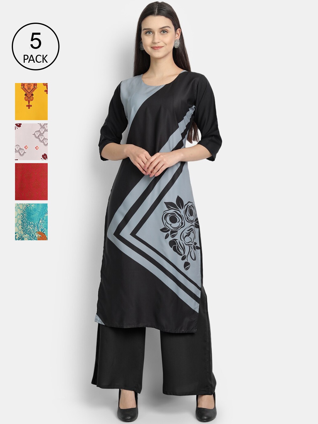 Ethnic basket Women Set Of 5 Multicoloured Floral Printed Crepe Kurta, Multi