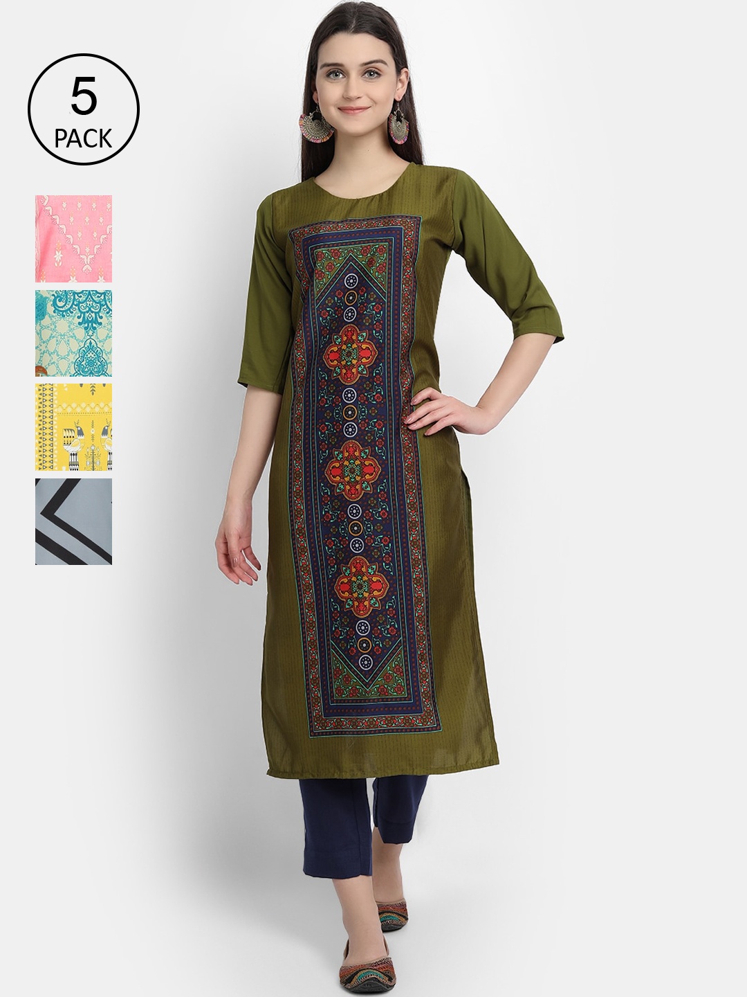 Ethnic basket Women Pack of 5 Olive Green & Peach-Coloured Digital Printed Crepe Kurtas
Ethnic basket Women Pack of 5 Olive Green & Peach-Coloured Digital Printed Crepe Kurtas