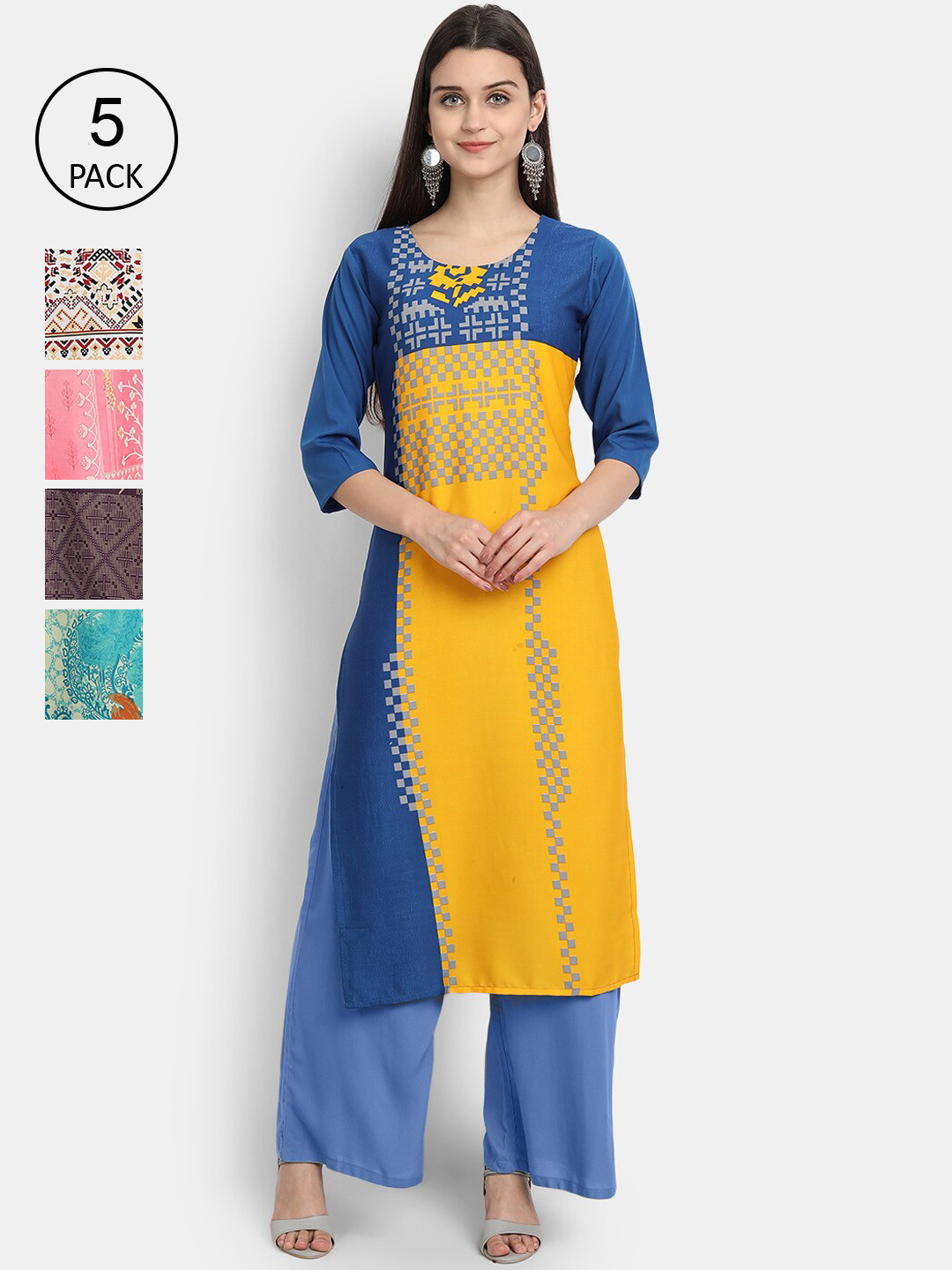 Ethnic basket Women Multicoloured Set Of 5 Ethnic Motifs Printed Crepe Kurta, Multi
Ethnic basket Women Multicoloured Set Of 5 Ethnic Motifs Printed Crepe Kurta, Multi