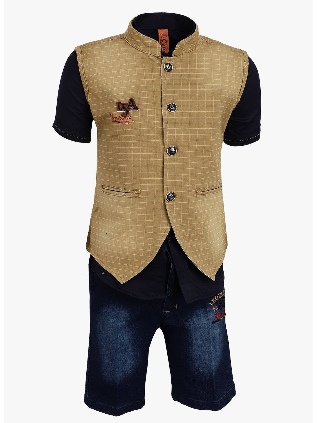 V-Mart Unisex Kids Printed Mandarin Collar Shirt with Denim Shorts & Nehru Jacket, Navy blue
V-Mart Unisex Kids Printed Mandarin Collar Shirt with Denim Shorts & Nehru Jacket, Navy blue