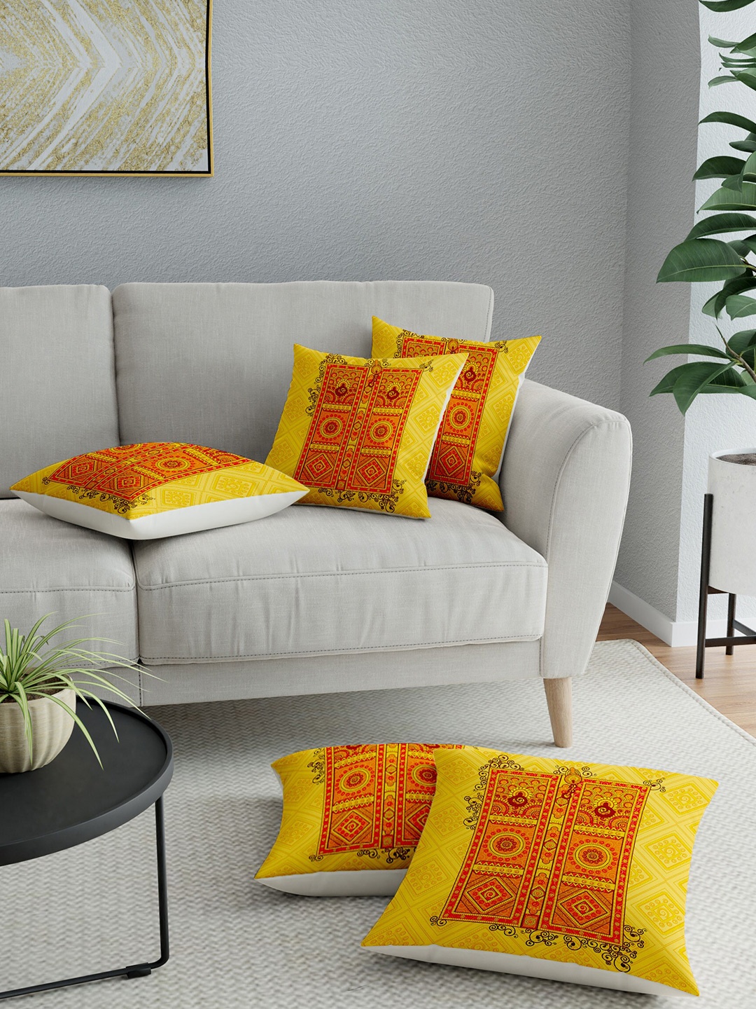 LA VERNE Multicoloured Set of 5 Ethnic Motifs Square Cushion Covers, Multi