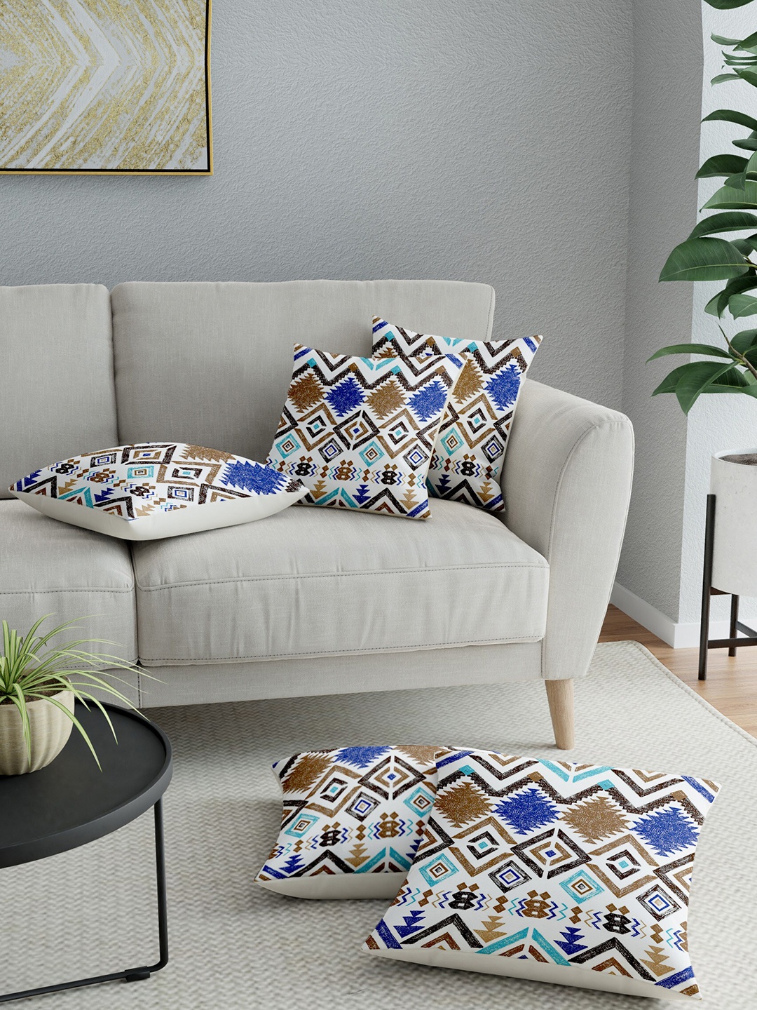 LA VERNE White & Brown Set of 5 Geometric Square Cushion Covers