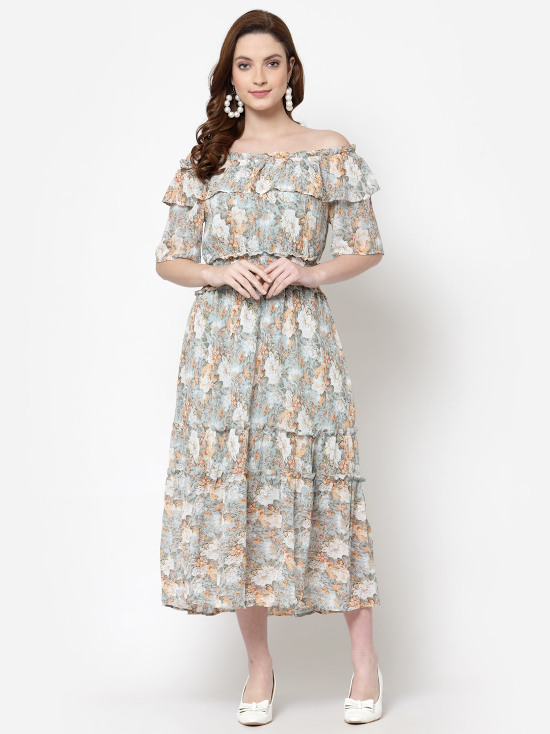 Mafadeny Green Floral Off-Shoulder Georgette Midi Dress 
Mafadeny Green Floral Off-Shoulder Georgette Midi Dress