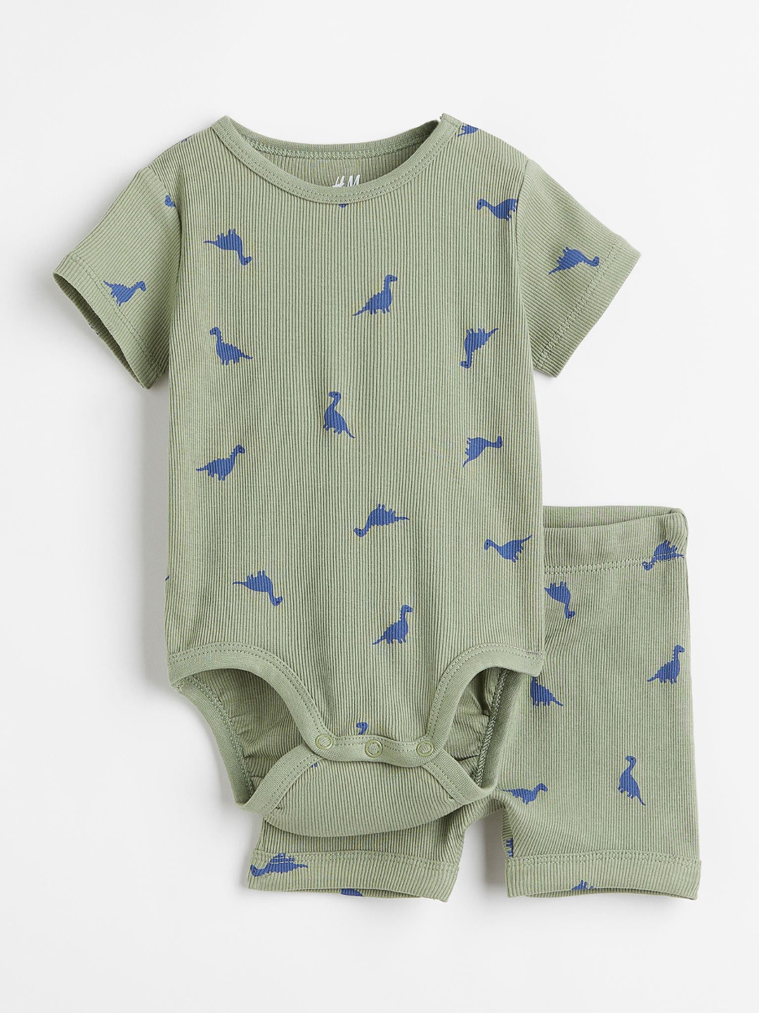 H&M Boys Green & Blue Printed Cotton 2-piece Bodysuit and Shorts Set