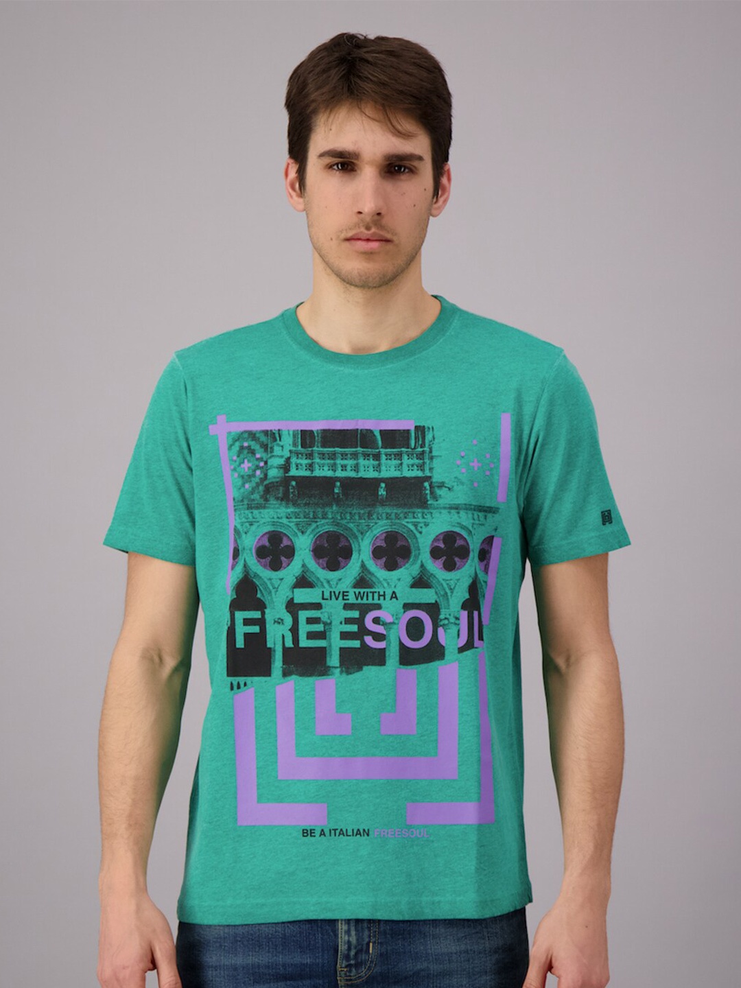 FREESOUL Men Sea Green & Black Printed Pure Cotton T-shirt