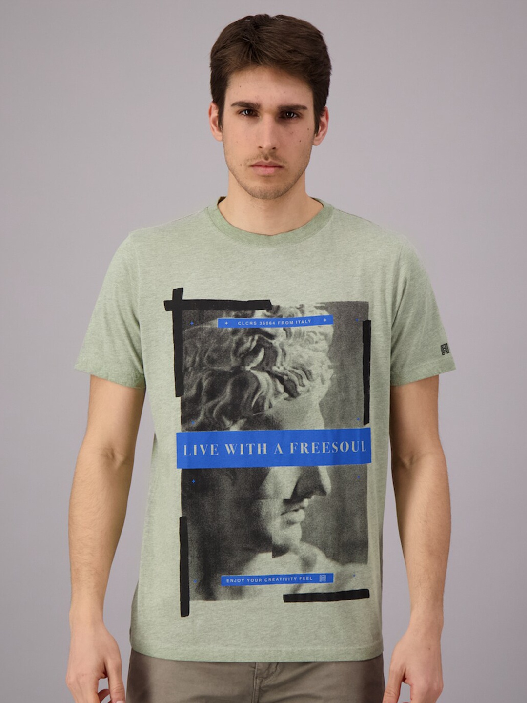 FREESOUL Men Green & Black Printed Pure Cotton T-shirt