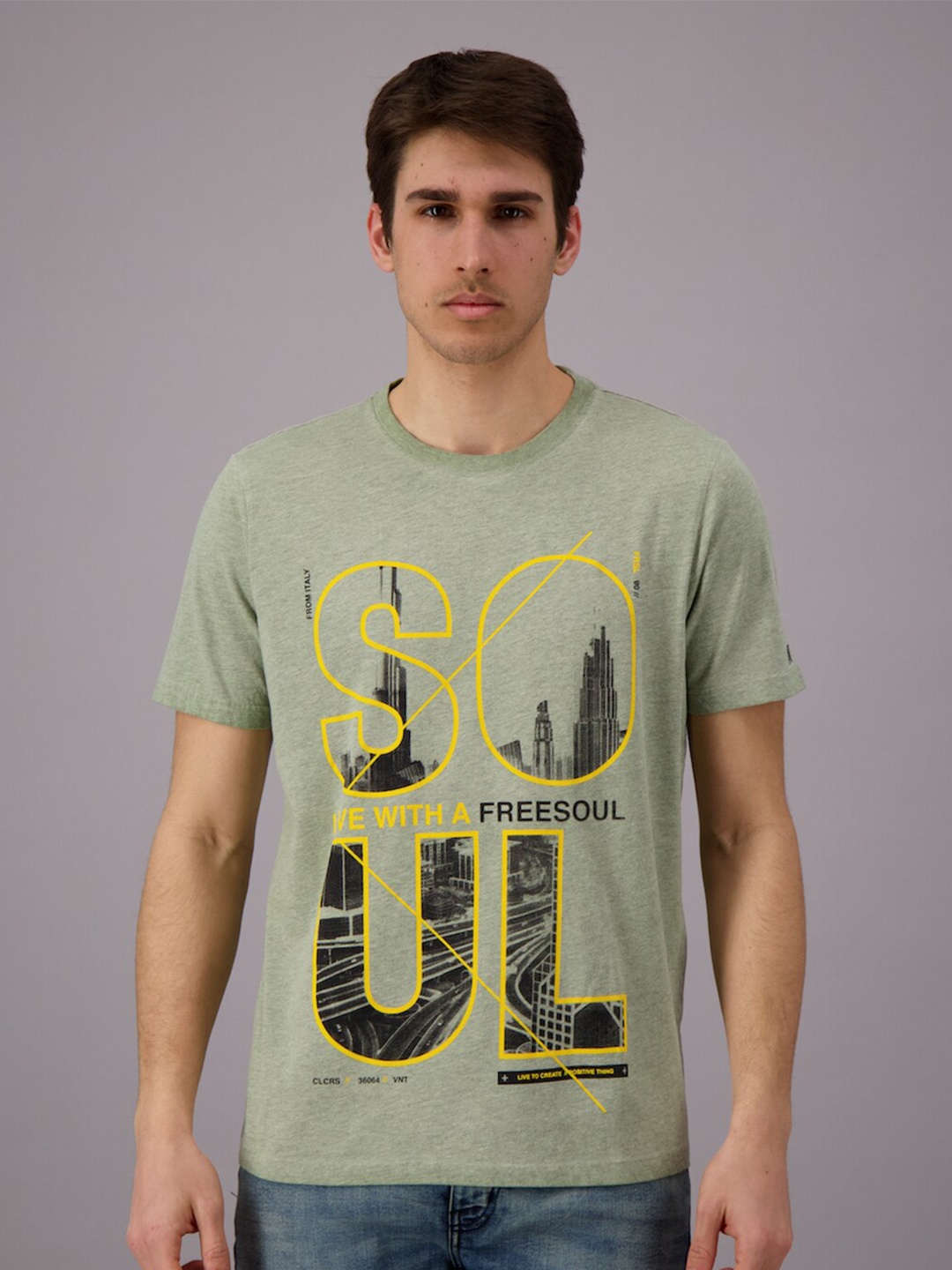 FREESOUL Men Sage Green & Yellow Typography Printed Pure Cotton T-shirt