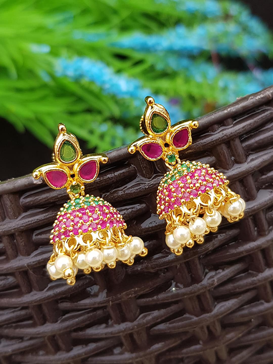 GRIIHAM Gold-Plated Pink & Green Dome Shaped Jhumkas Earrings