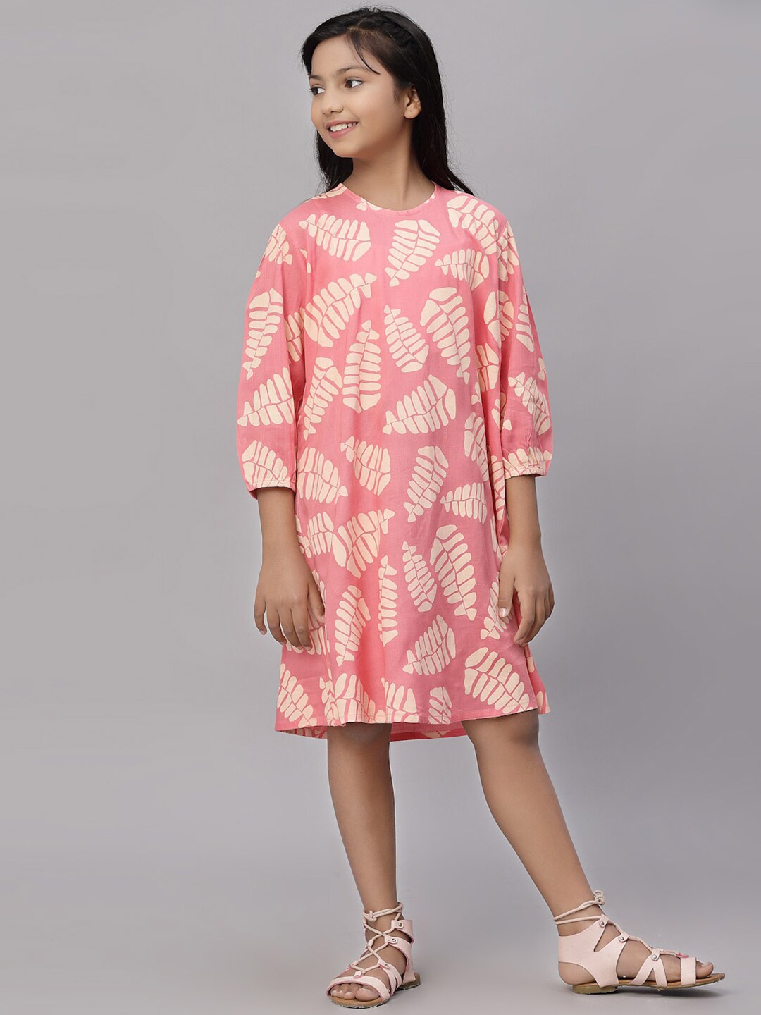 NISHAB Coral & Cream-Coloured Ethnic Motifs A-Line Dress