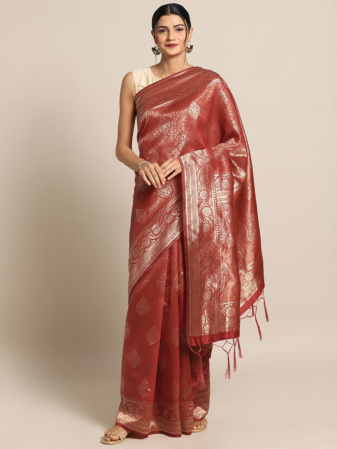 Mitera Red & Silver-Toned Ethnic Motifs Zari Silk Blend Banarasi Saree