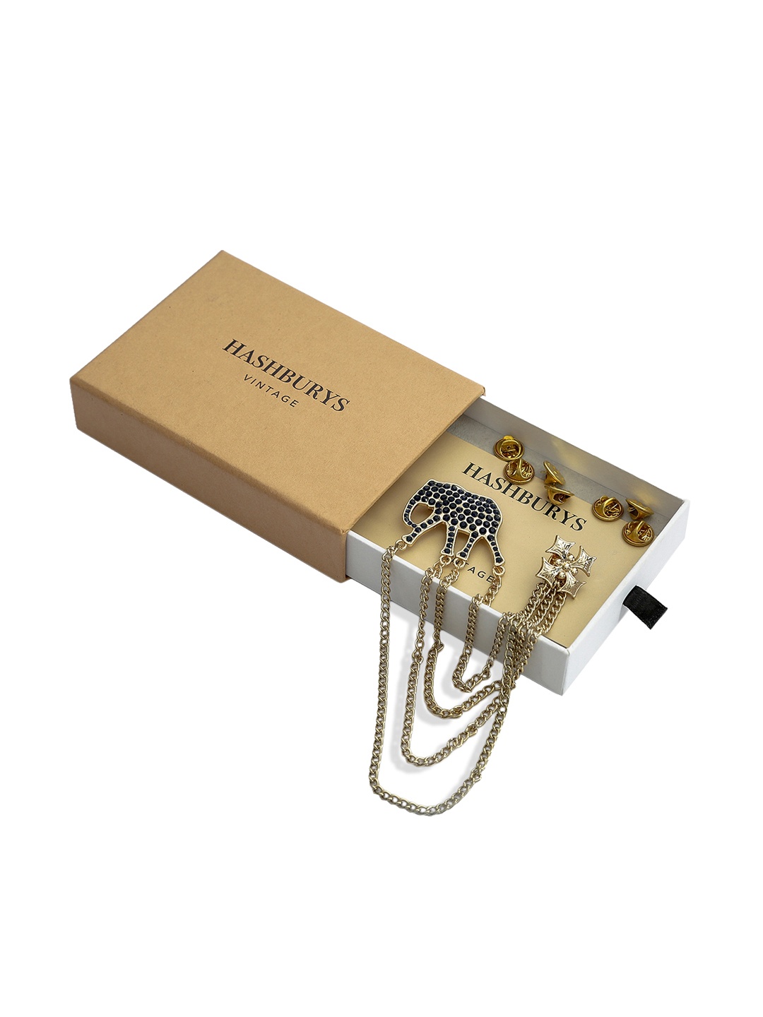 Hashburys Unisex Gold-Toned & Black Stone-Studded Chain Brooch