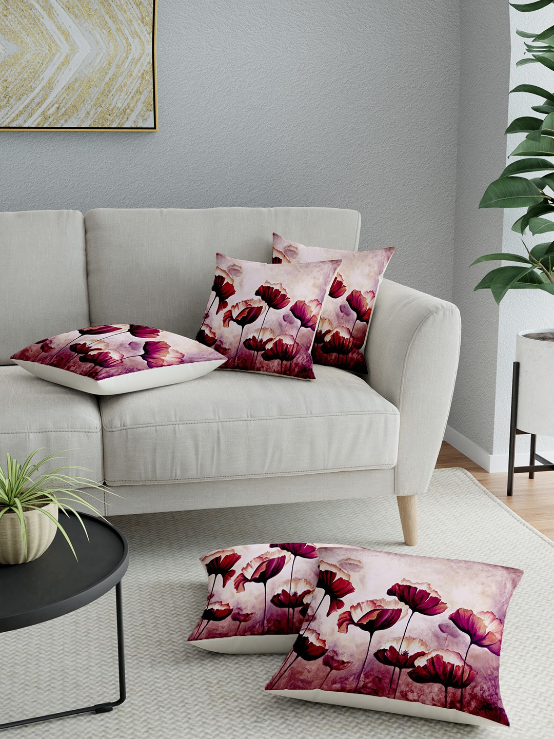 LA VERNE Assorted Set of 5 Floral Printed Cotton Canvas Square Cushion Covers