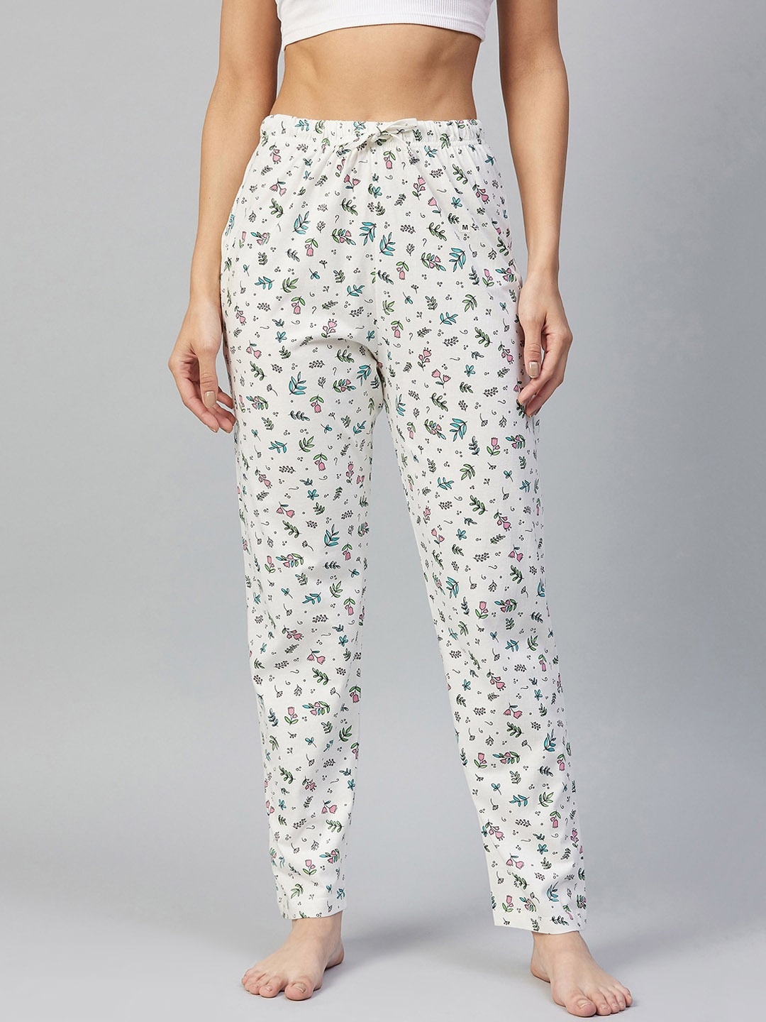C9 AIRWEAR Women Off White Floral Printed Pure Cotton Lounge Pants