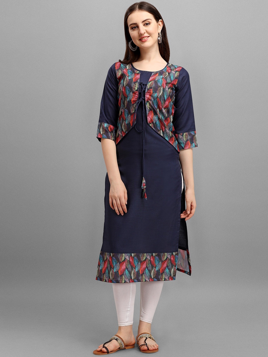 Wedani Women Navy Blue Abstract Print Thread Work Straight Kurta