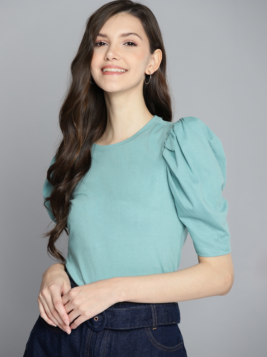 Mast & Harbour Blue Solid Pure Cotton Top