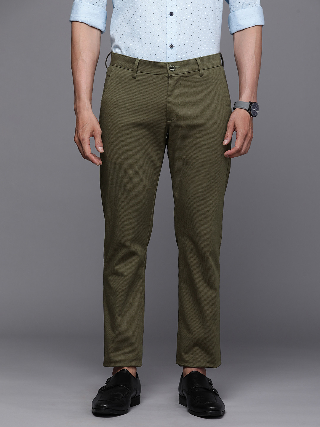 Allen Solly Men Olive Green Striped Slim Fit Semiformal Trousers 
Allen Solly Men Olive Green Striped Slim Fit Semiformal Trousers