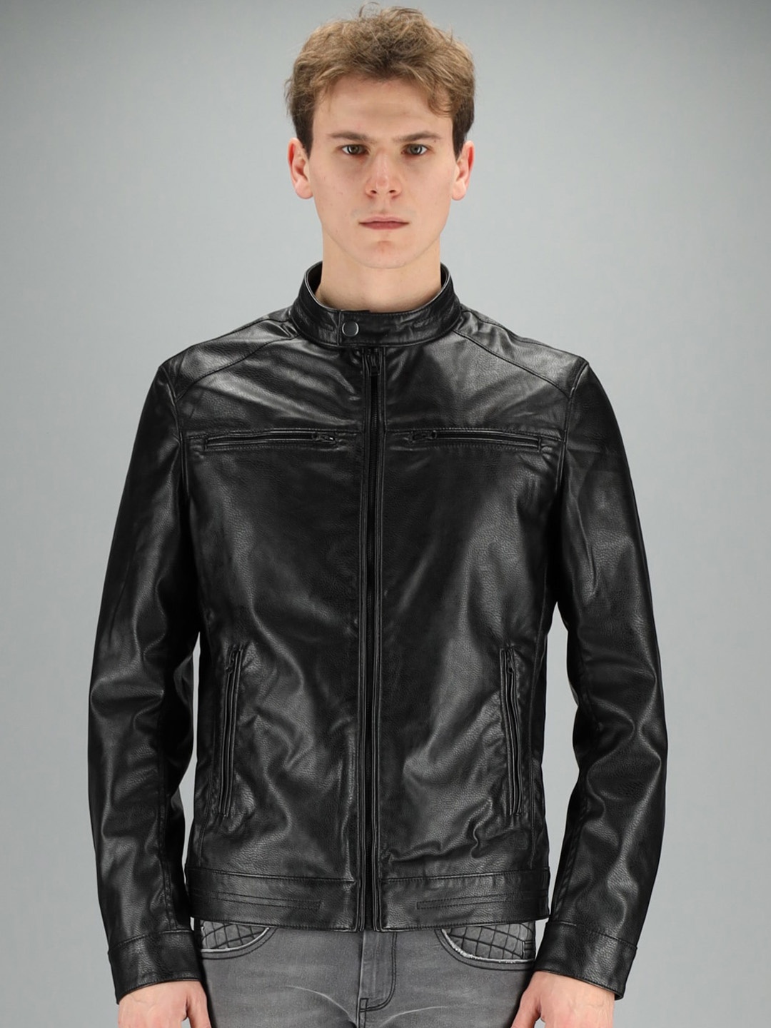 FREESOUL Men Black solid Regular Biker Jacket