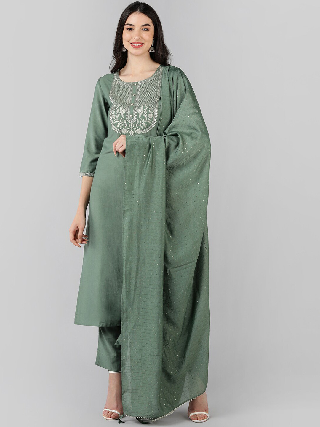 AHIKA Women Sea Green & Silver-Coloured Yoke Design Kurta with Trousers & With Dupatta
AHIKA Women Sea Green & Silver-Coloured Yoke Design Kurta with Trousers & With Dupatta