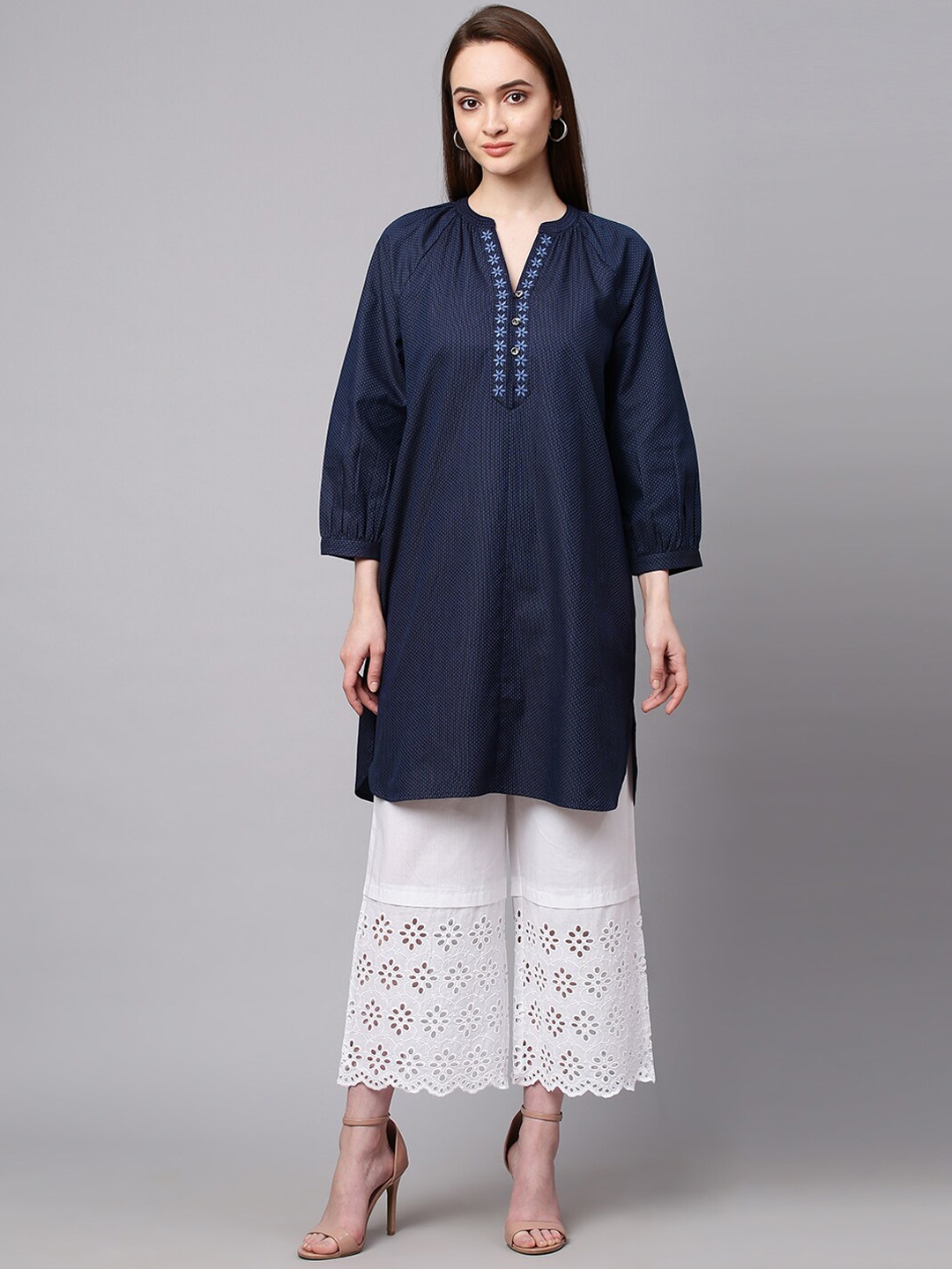 Modern Indian by CHEMISTRY Women Navy Blue Embroidered Pure Cotton Kurti with Palazzo
Modern Indian by CHEMISTRY Women Navy Blue Embroidered Pure Cotton Kurti with Palazzo