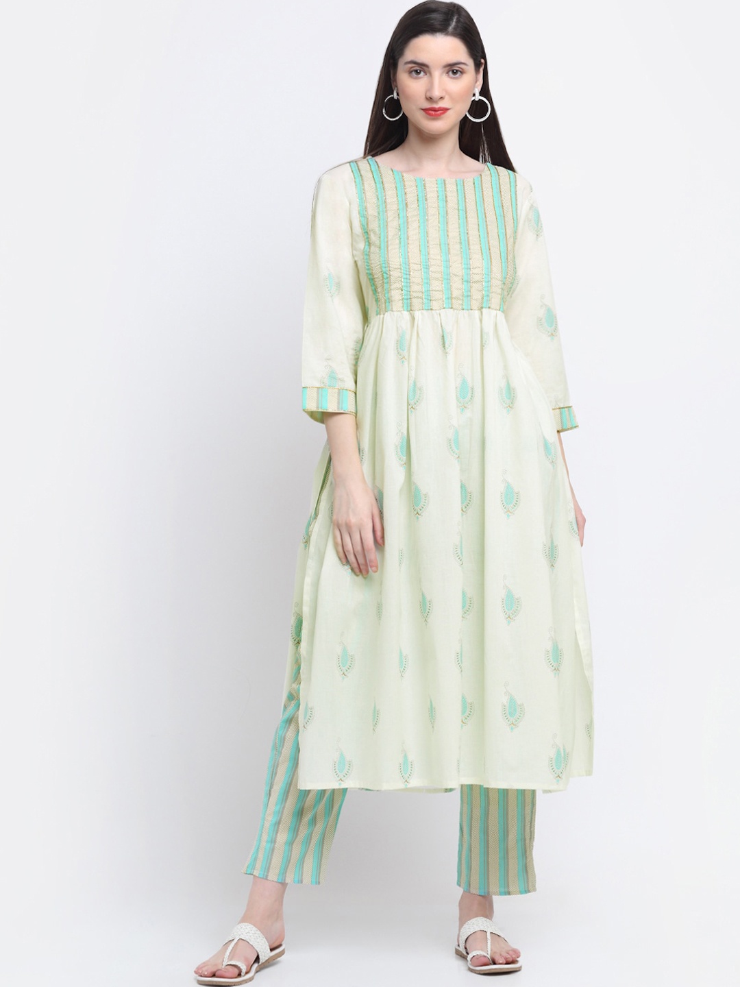 KALINI Women Cream-Coloured Ethnic Motifs Printed Pleated Pure Cotton Kurta with Trousers
KALINI Women Cream-Coloured Ethnic Motifs Printed Pleated Pure Cotton Kurta with Trousers