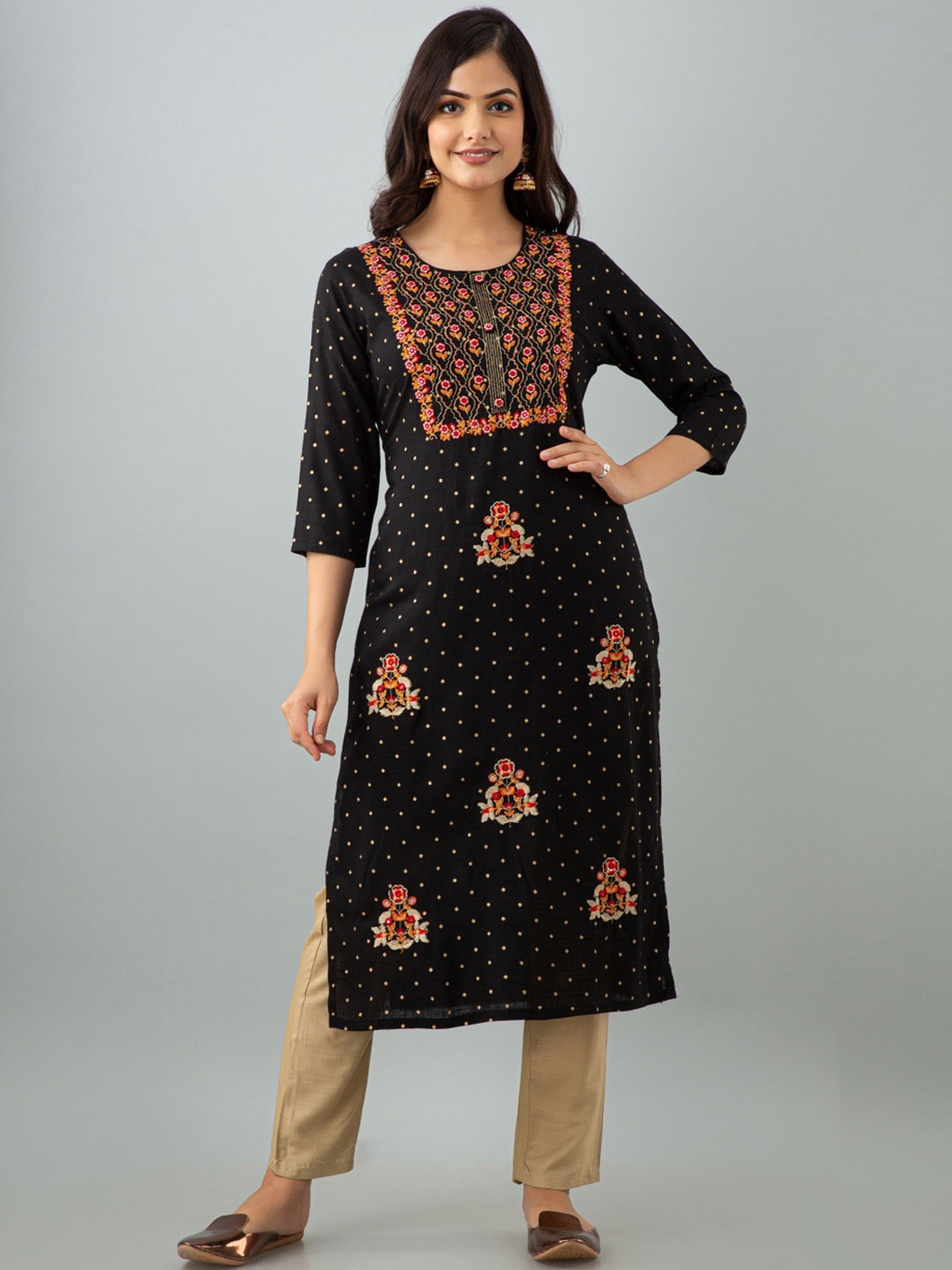 OMASK Women Black Ethnic Motifs Embroidered Kurti with Trousers