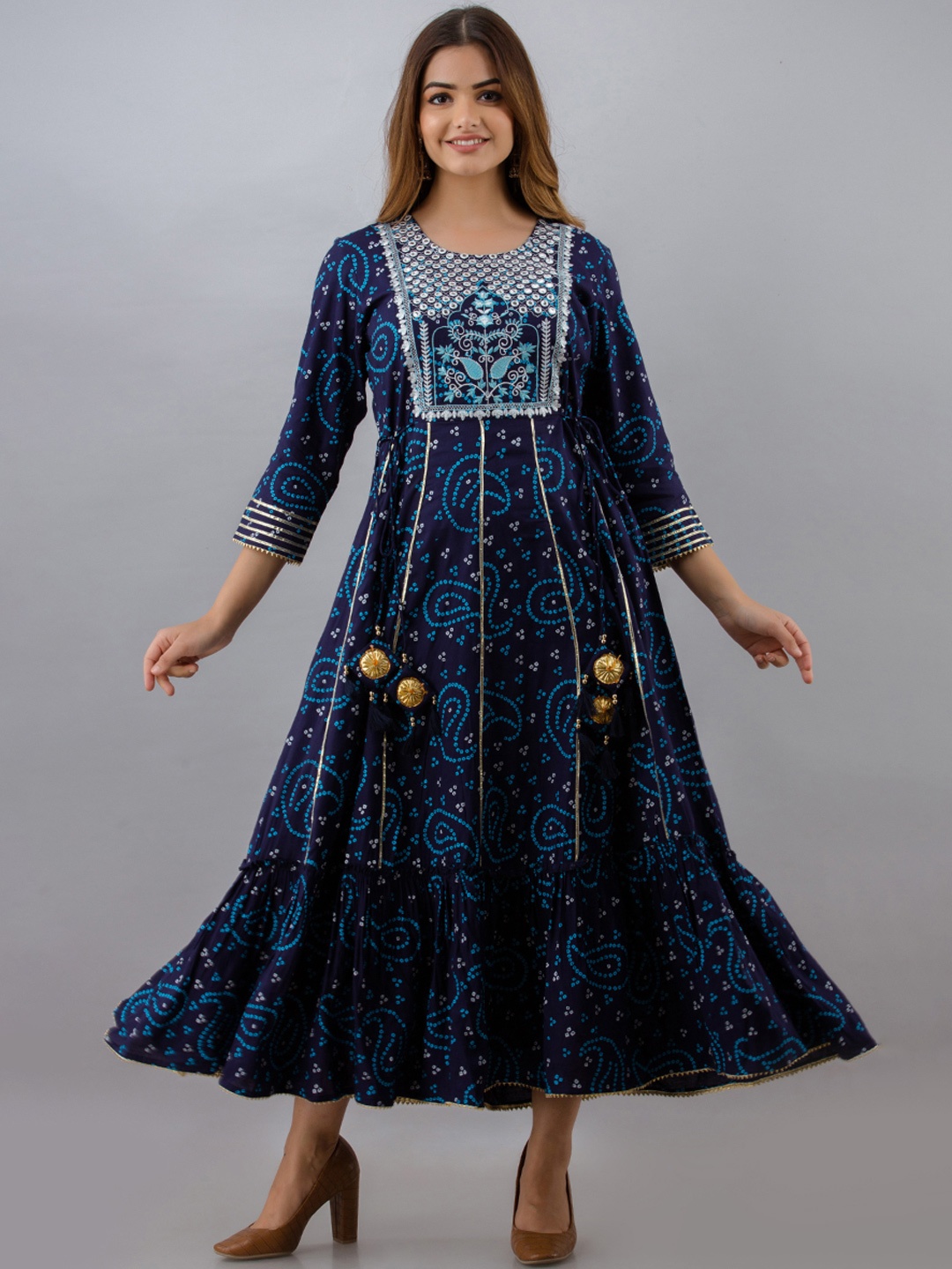 OMASK Women Blue Ethnic Motifs Printed Thread Work Anarkali Kurta