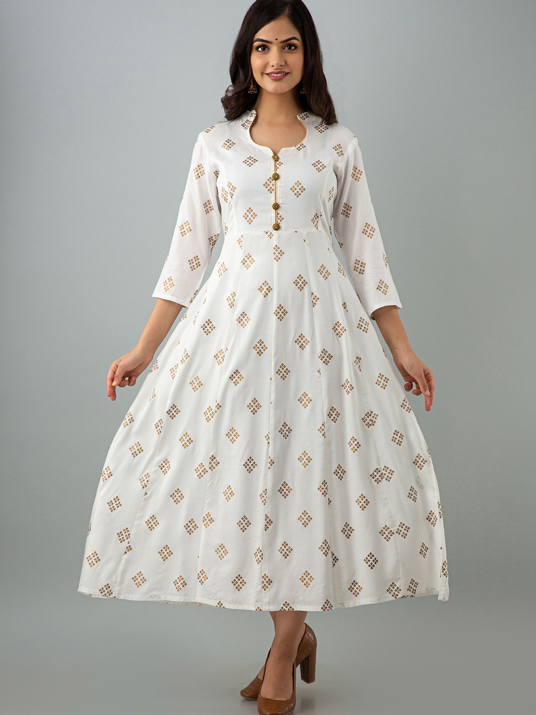 OMASK Women White & Brown Geometric Printed Floral Kurta
